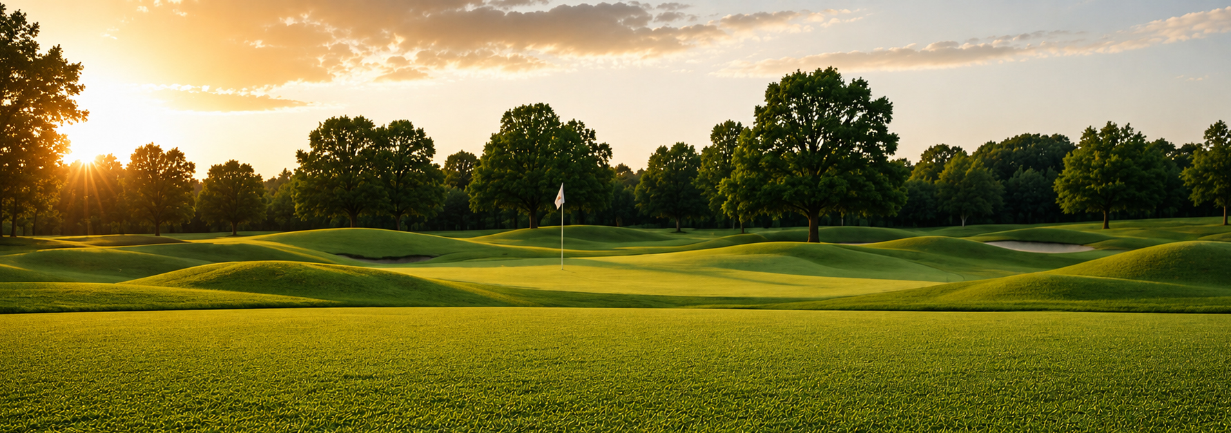 Golfbana i gryningsljus med grön fairway och flagga mot en disig horisont